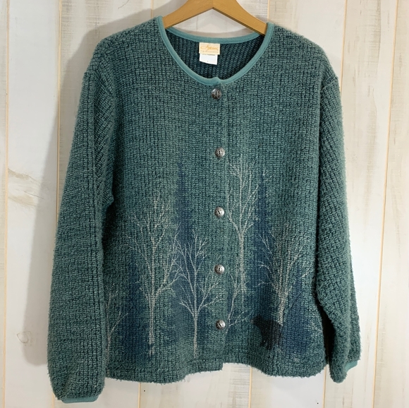 Artisan Ny Sweaters - Artisans Green Cardigan Woods Forest Bear Print L